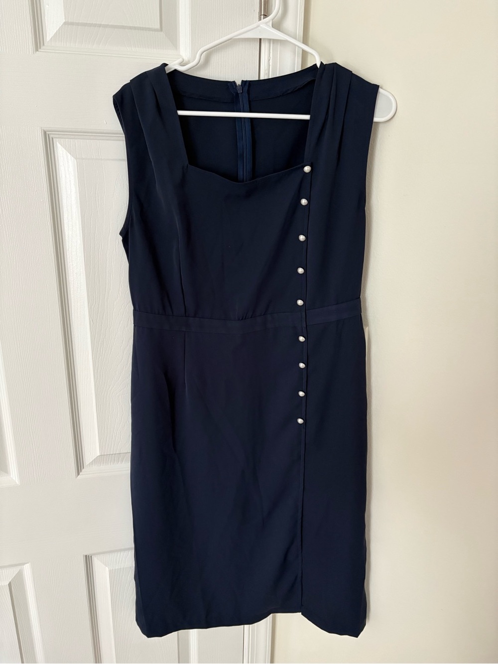 Sleeveless Navy Pearl-Accent Sheath Dress